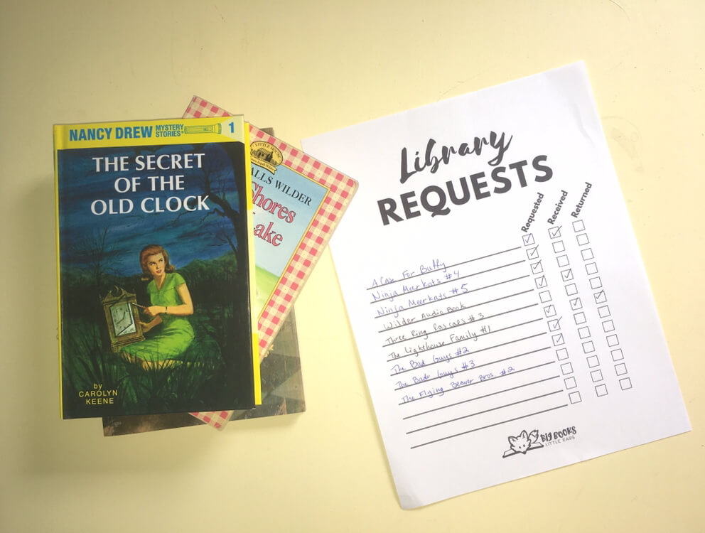 book stack and Library Requests Organizer for long read aloud series